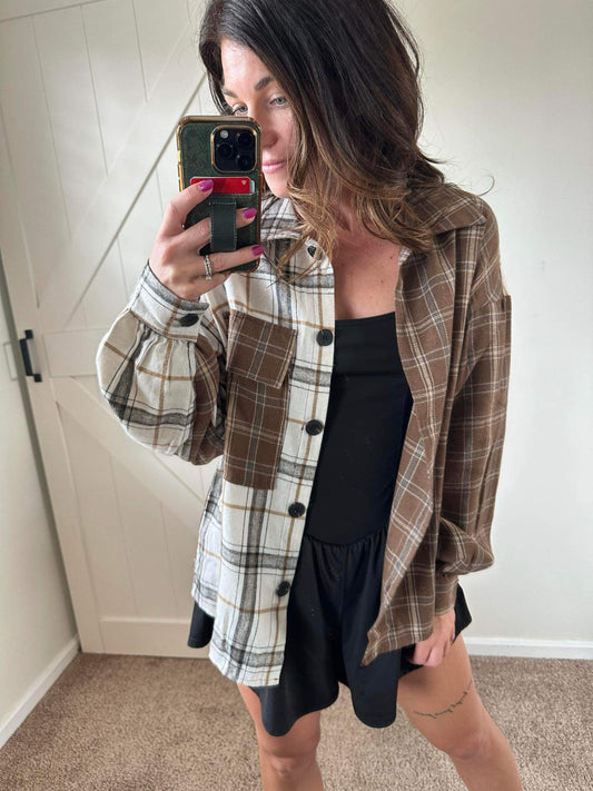 Plaid Contrast Button Up Shirt Jacket