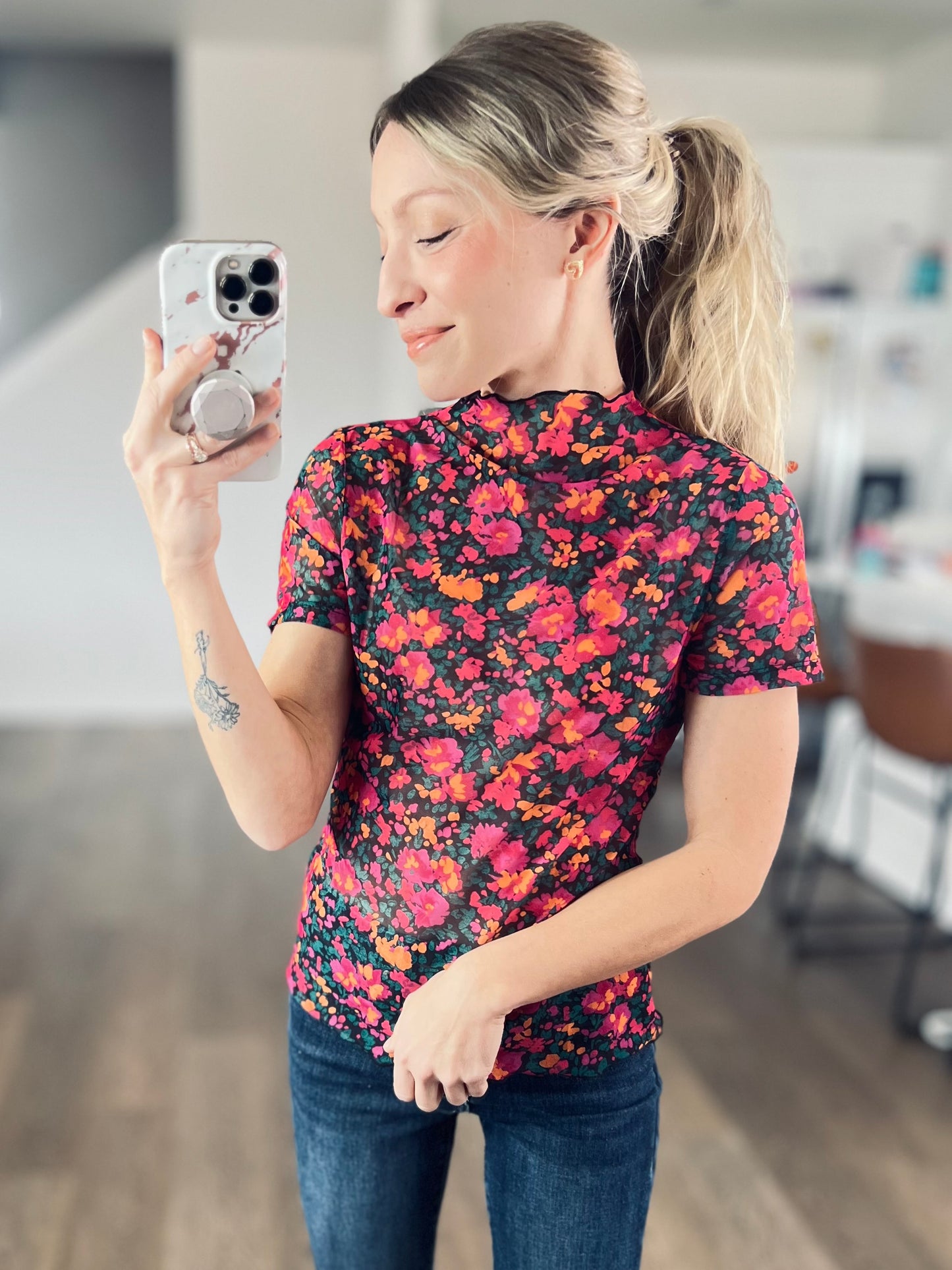Rose Retro Floral Mesh Top