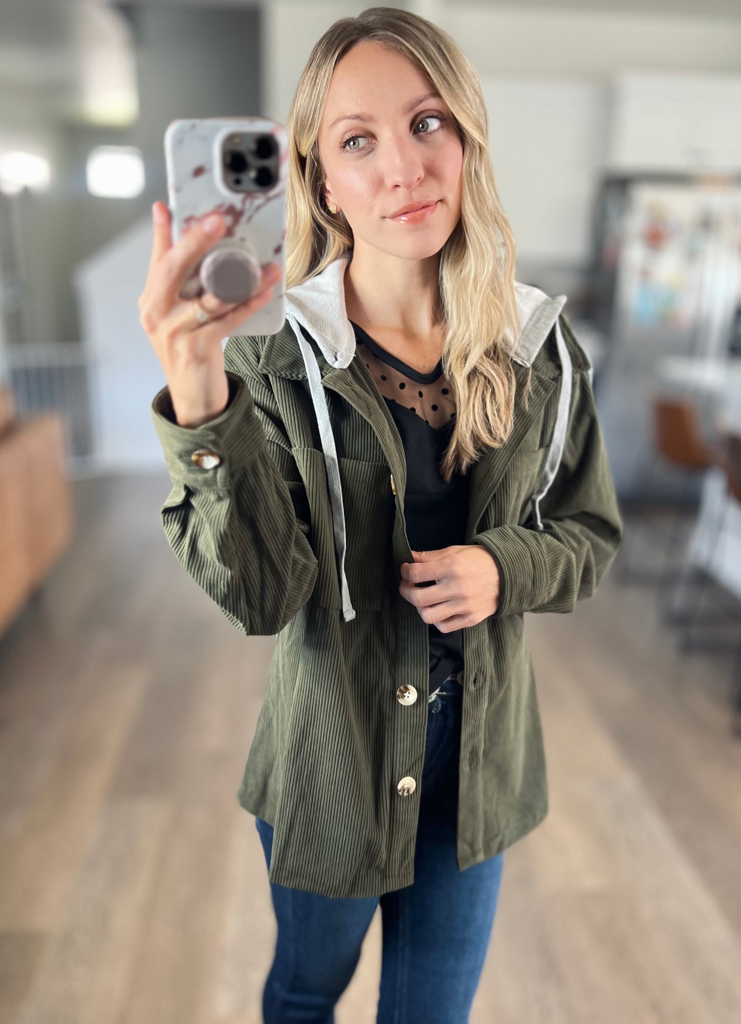 Cord Drawstring Button Up Hooded Shacket