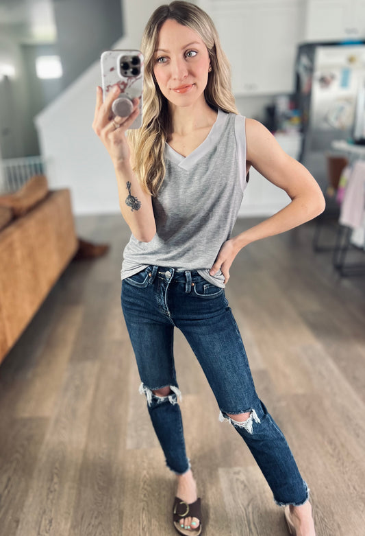 V-Neck Wide Strap Tank in Grey