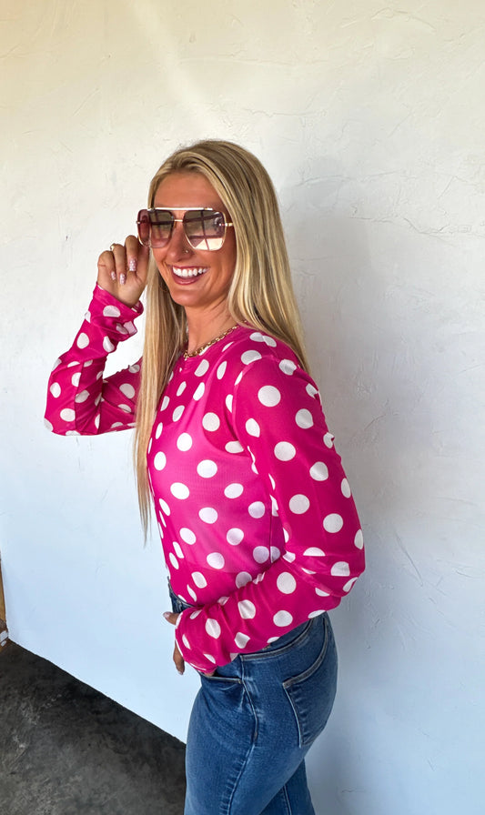 PREORDER: Pink & White Polka Dot Mesh Top// eta 2-3 weeks // limited stock