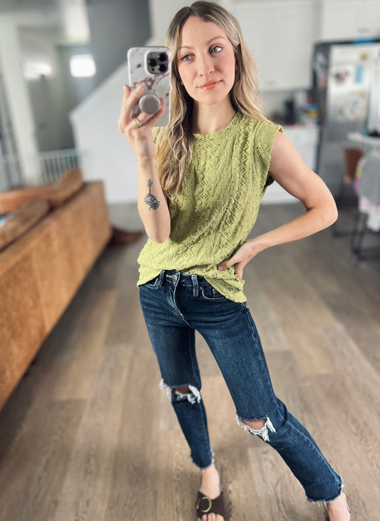 Eyelet Round Neck Cap Sleeve Top in Matcha Green