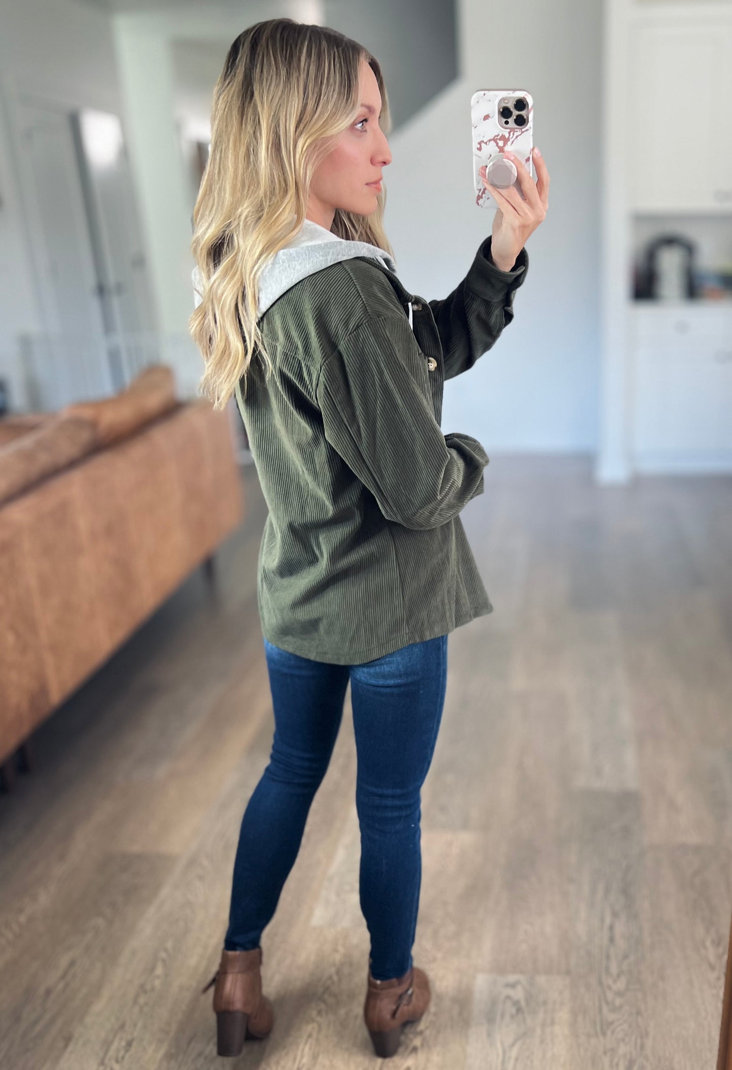 Cord Drawstring Button Up Hooded Shacket