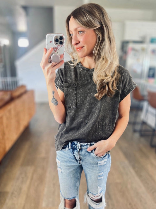 *free ship today* Black Crinkle Washed Short Sleeve Tee