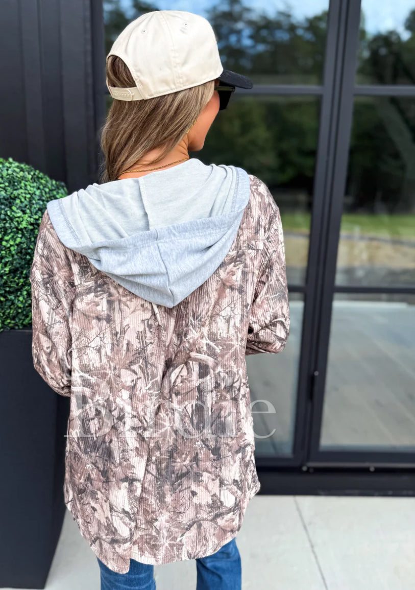 PREORDER: Dark Camo Hooded Ribbed Shacket //eta Dec