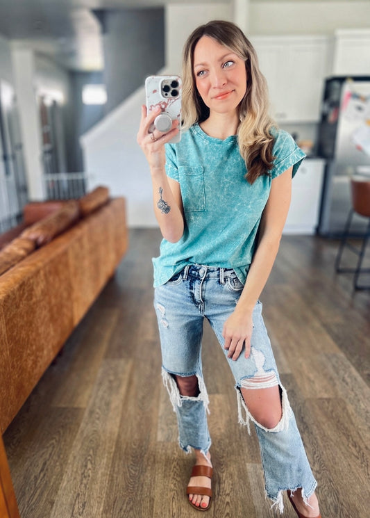 *free ship today* Teal Crinkle Washed Short Sleeve Tee