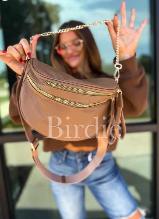 Camel Double Zipper Crossbody Bag Preorder // eta Nov