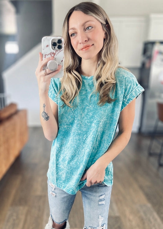 *free ship today* Teal Crinkle Washed Short Sleeve Tee