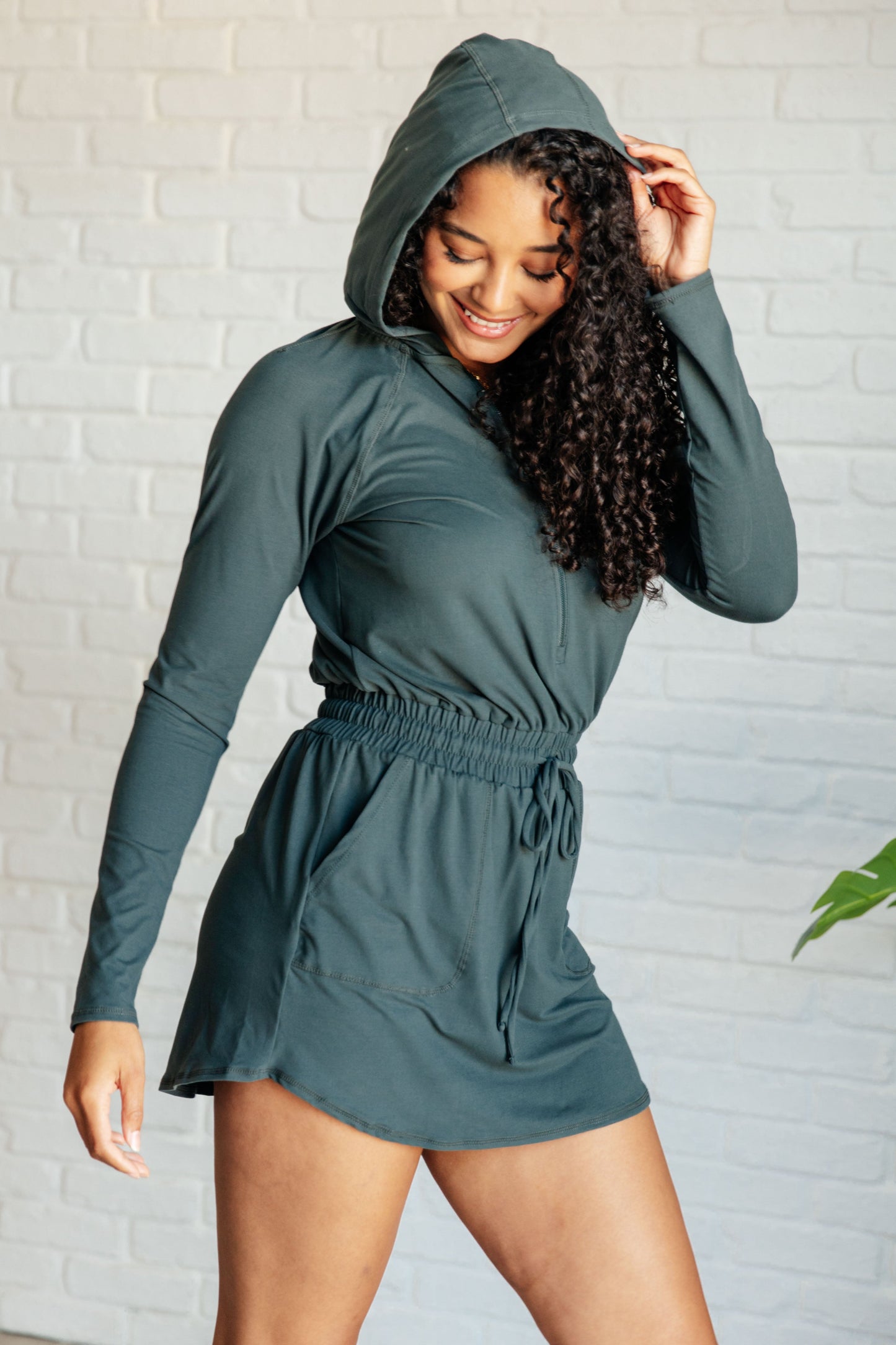 Daily Need Long Sleeve Hoodie Romper in Smoked Spruce