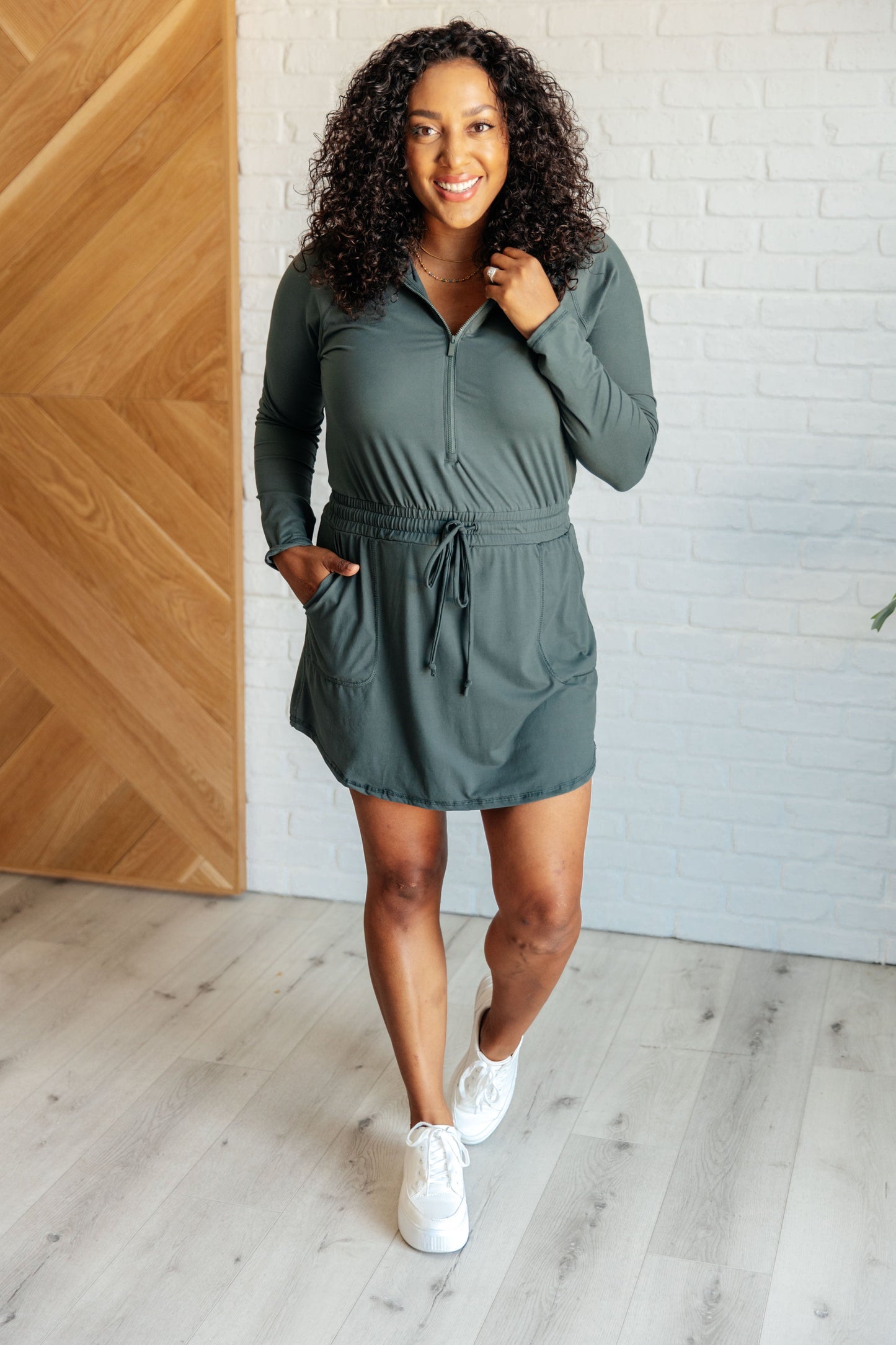 Daily Need Long Sleeve Hoodie Romper in Smoked Spruce