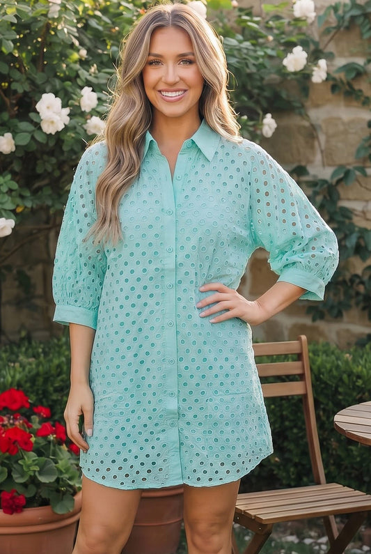 Mint Eyelet Button Front Shirt Dress