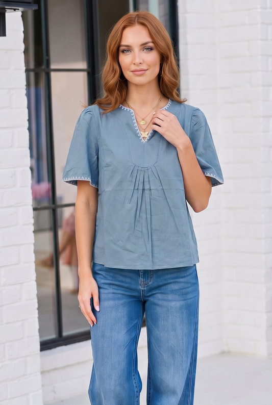 Dusty Blue Dreams Embroidered V-Neck Top