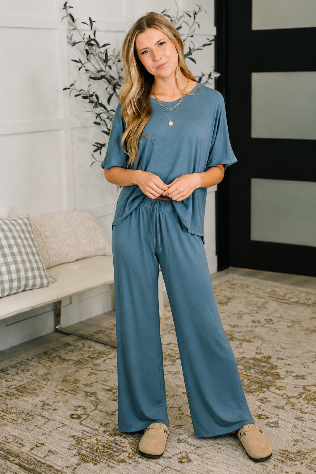Top and Bottom Lounge Set in Dusty Blue
