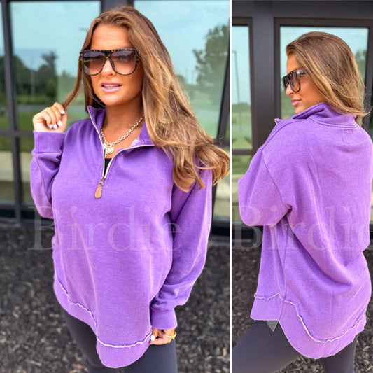 Dark Purple Rounded Hem 1/4 Zip Pullover Preorder
