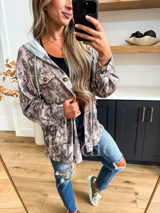 PREORDER: Dark Camo Hooded Ribbed Shacket //eta Dec