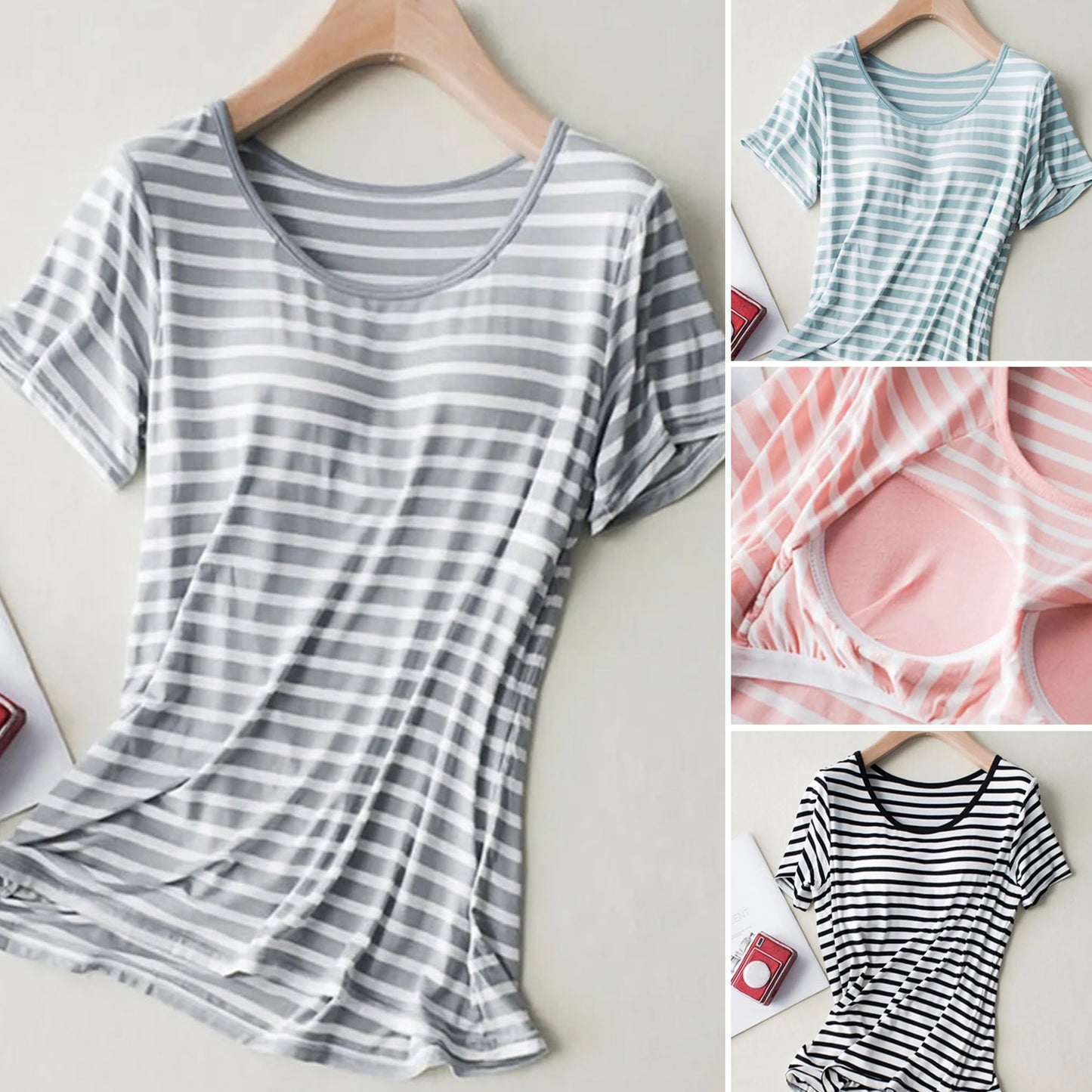 Striped Short Sleeve Tee with Built In Bra