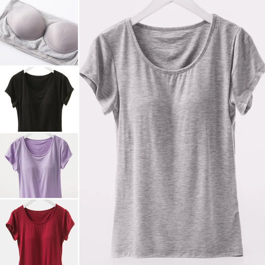 Round Neck Short Sleeve Tee with Built In Bra