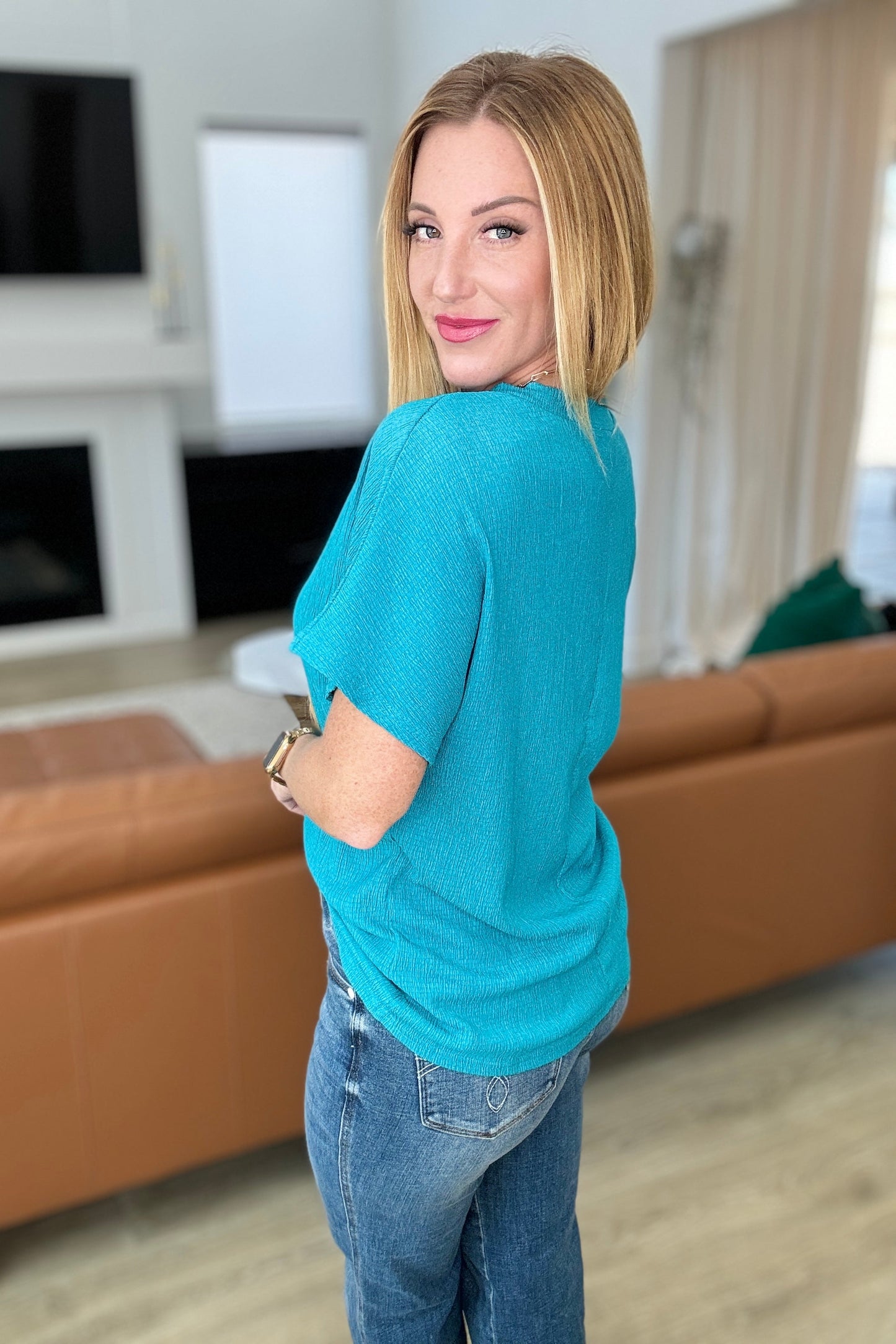 Textured V-Neck Blouse in Teal