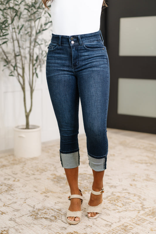 Dark Wash High Rise Double Button Capris - Judy Blue