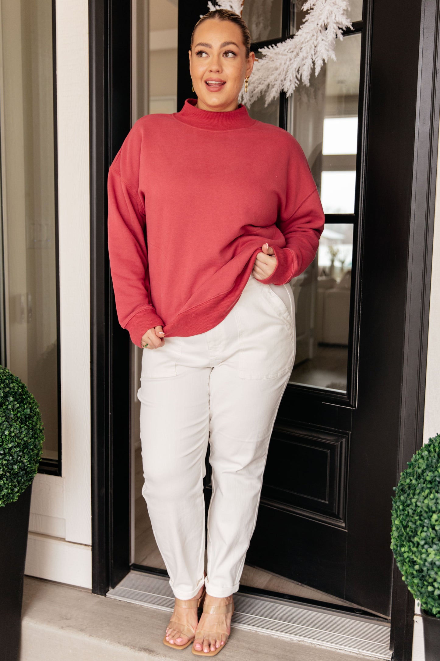 Mock Neck Pullover in Cranberry