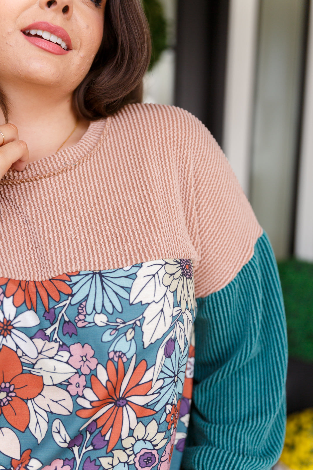 Lakin Ribbed Floral Color Block Top