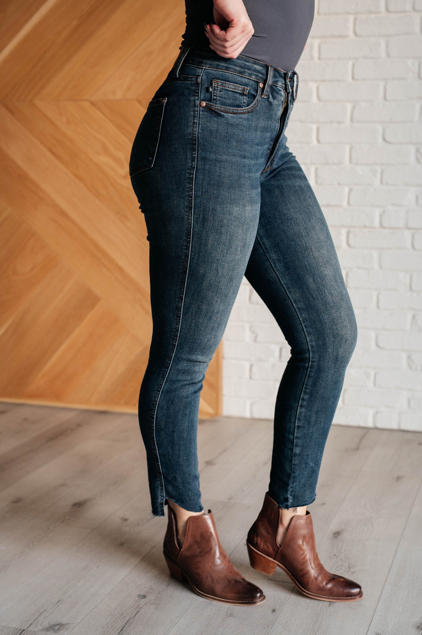 Dark Wash High Rise Control Top Step Hem Skinny Jeans - Judy Blue