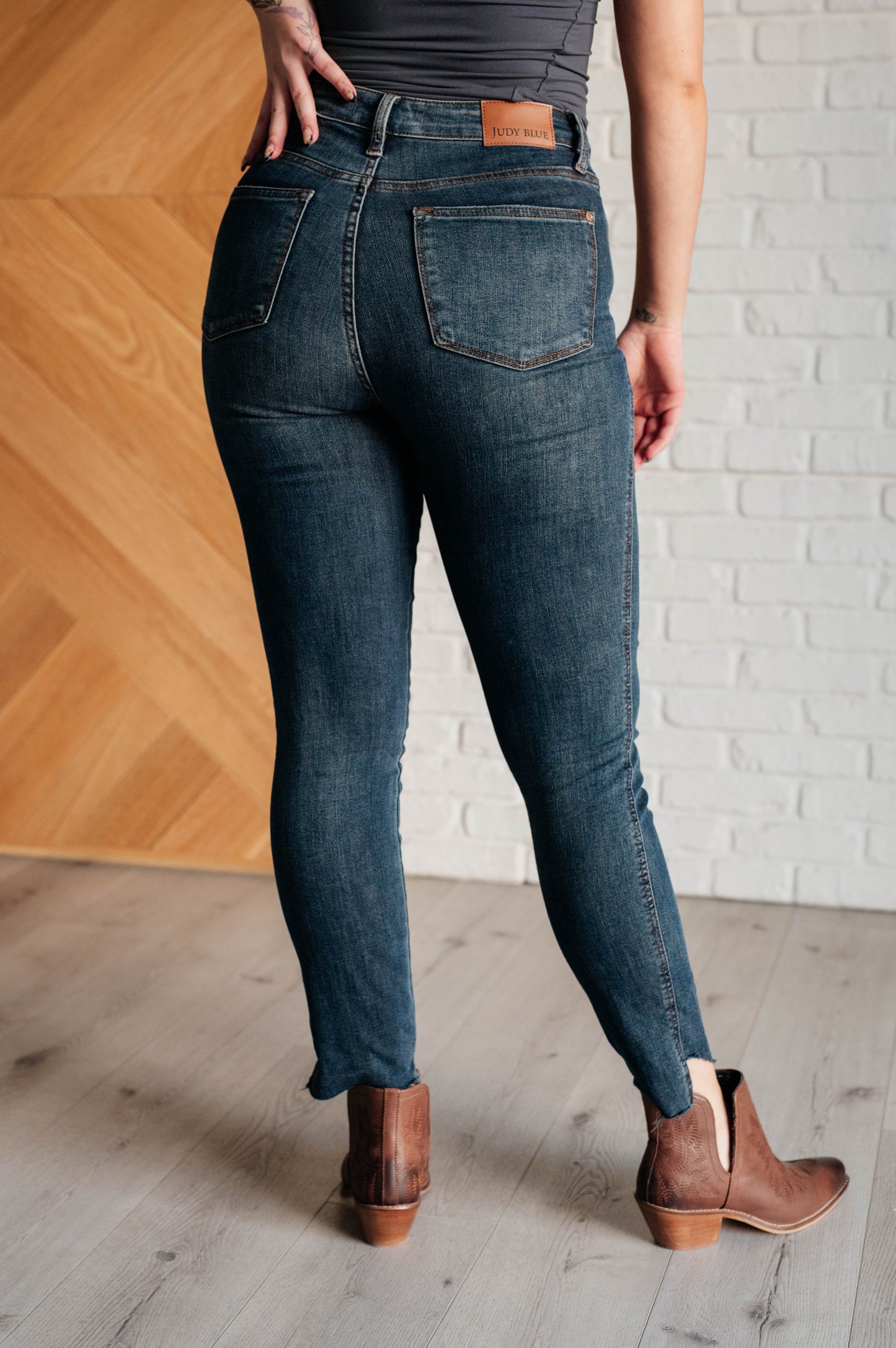 Dark Wash High Rise Control Top Step Hem Skinny Jeans - Judy Blue