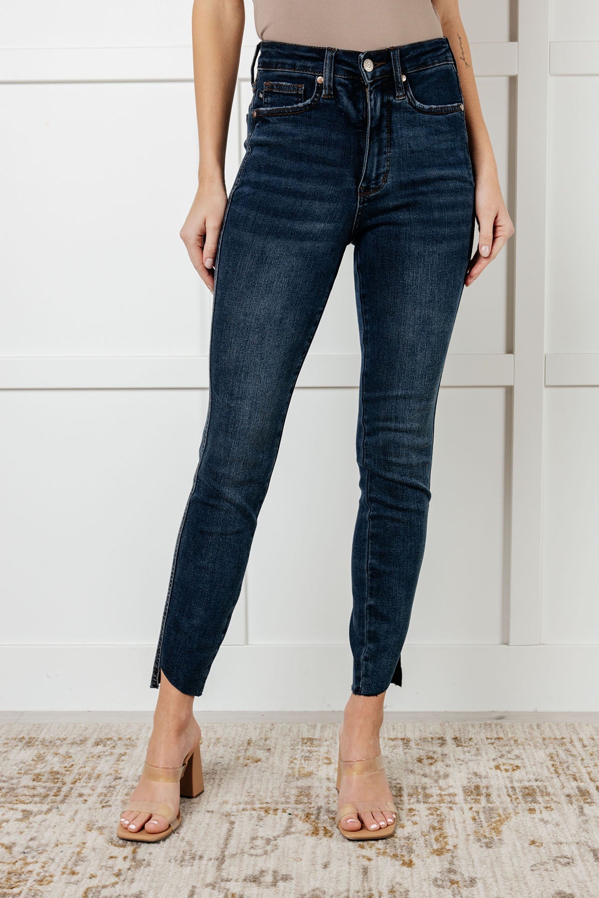 Dark Wash High Rise Control Top Step Hem Skinny Jeans - Judy Blue