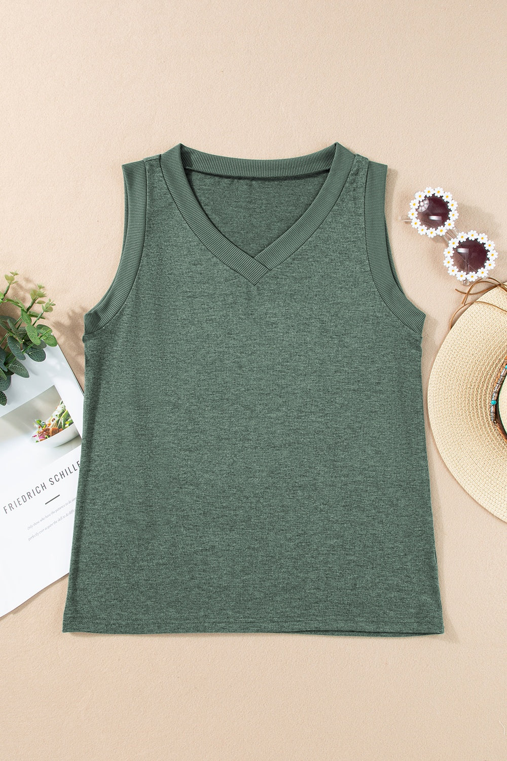 V-Neck Wide Strap Tank in Sage