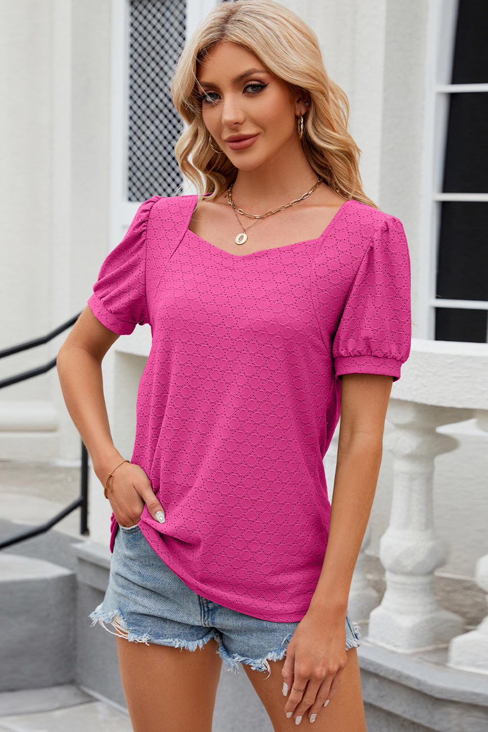 Sweetheart Neckline Eyelet Top