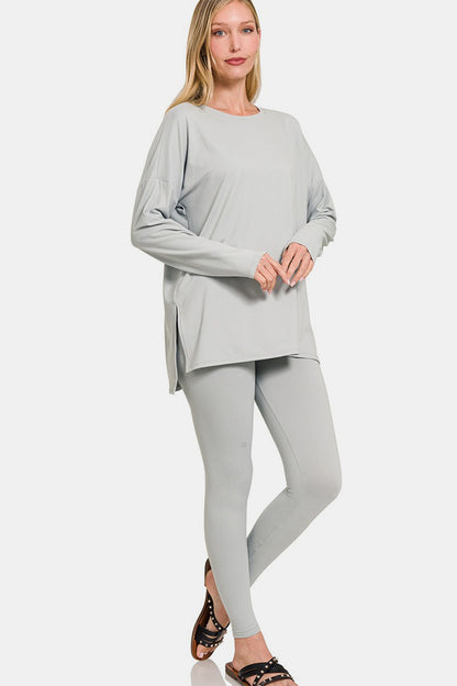 Brushed Microfiber Top and Leggings Lounge Set in Grey