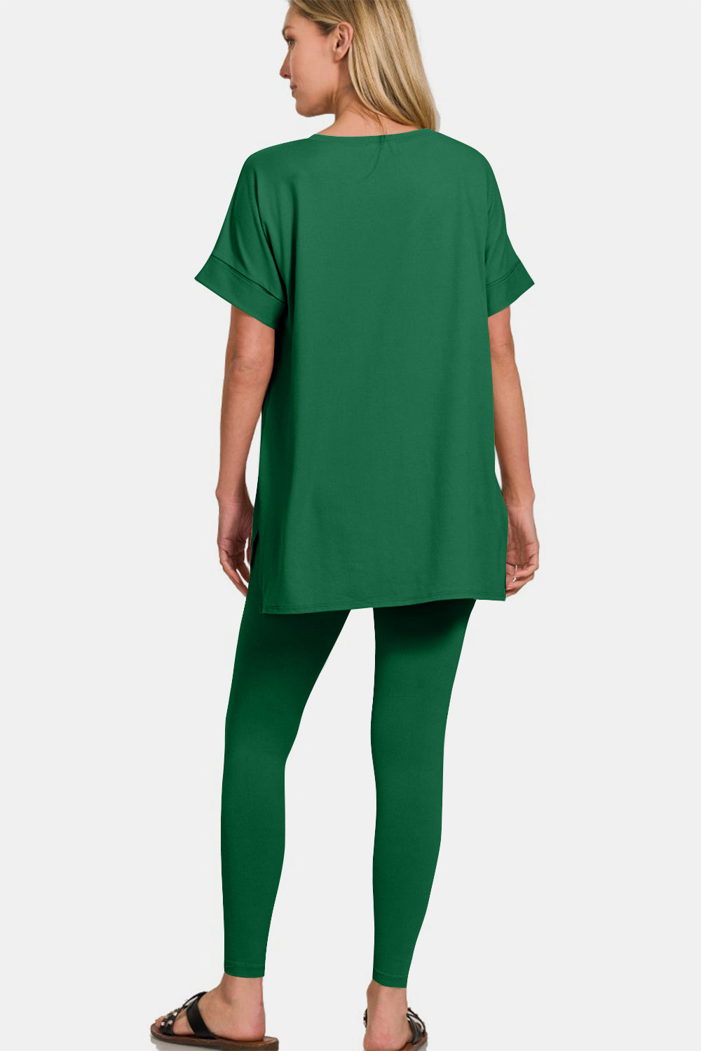 V-Neck Rolled T-Shirt & Leggings Lounge Set in Dark Green