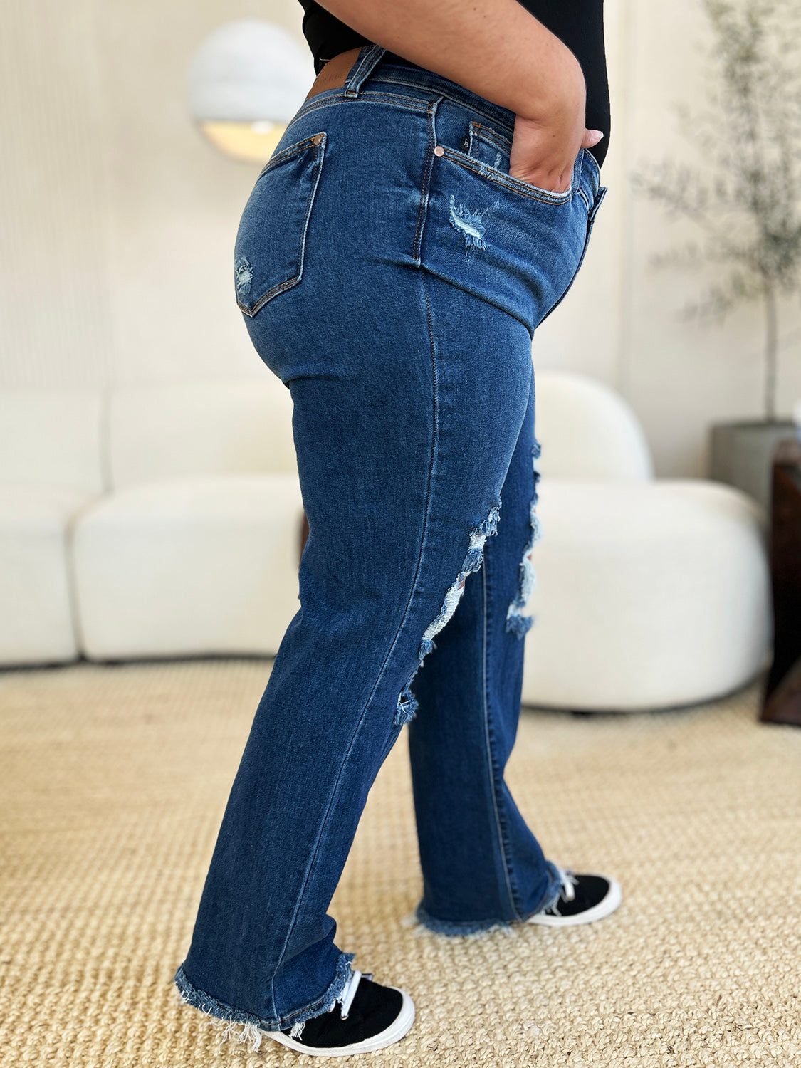 Mid Rise Distressed Raw Hem Dad Jeans - Judy Blue