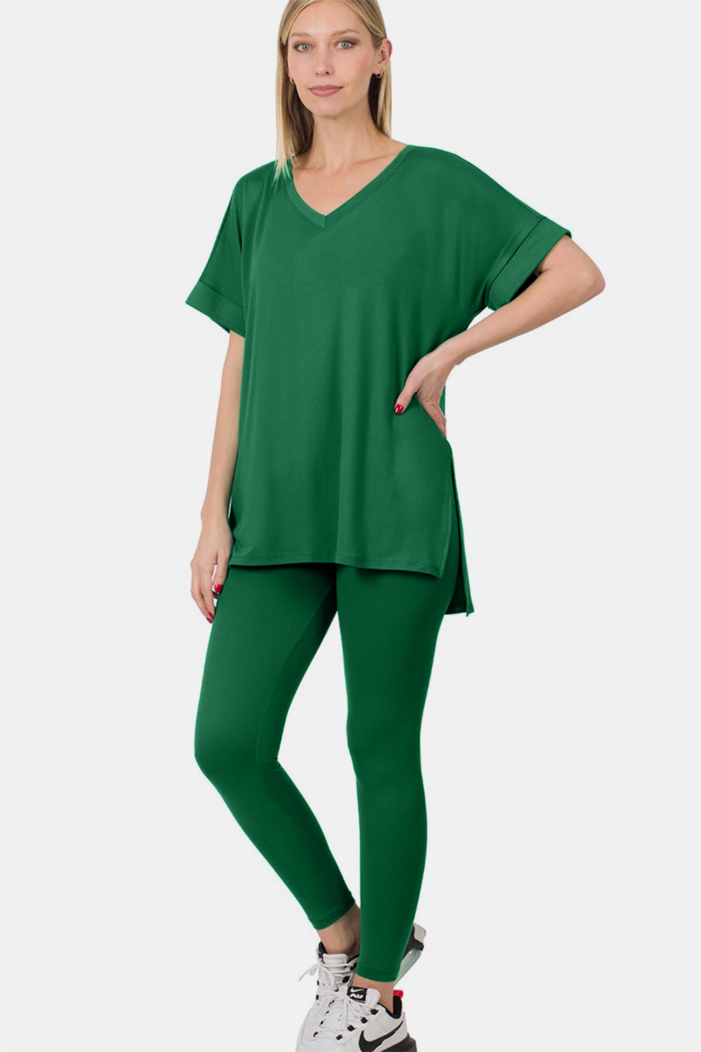 V-Neck Rolled T-Shirt & Leggings Lounge Set in Dark Green