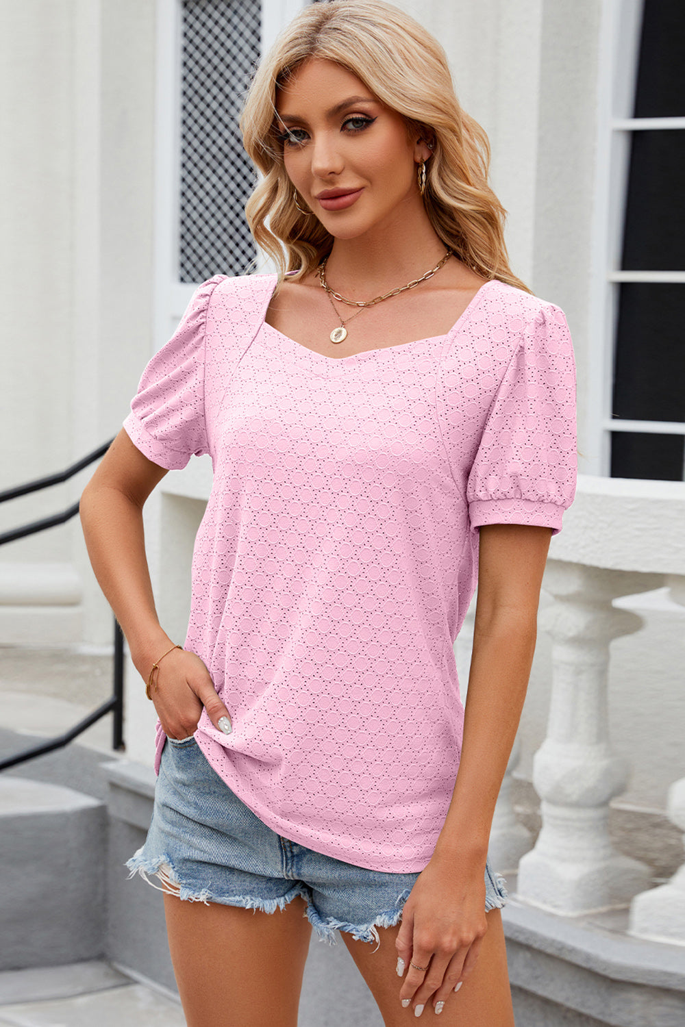 Sweetheart Neckline Eyelet Top