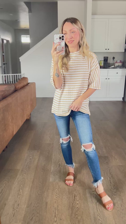 SHIPS FREE TODAY //  Textured Stripe Patchwork Detail Half Sleeve Top